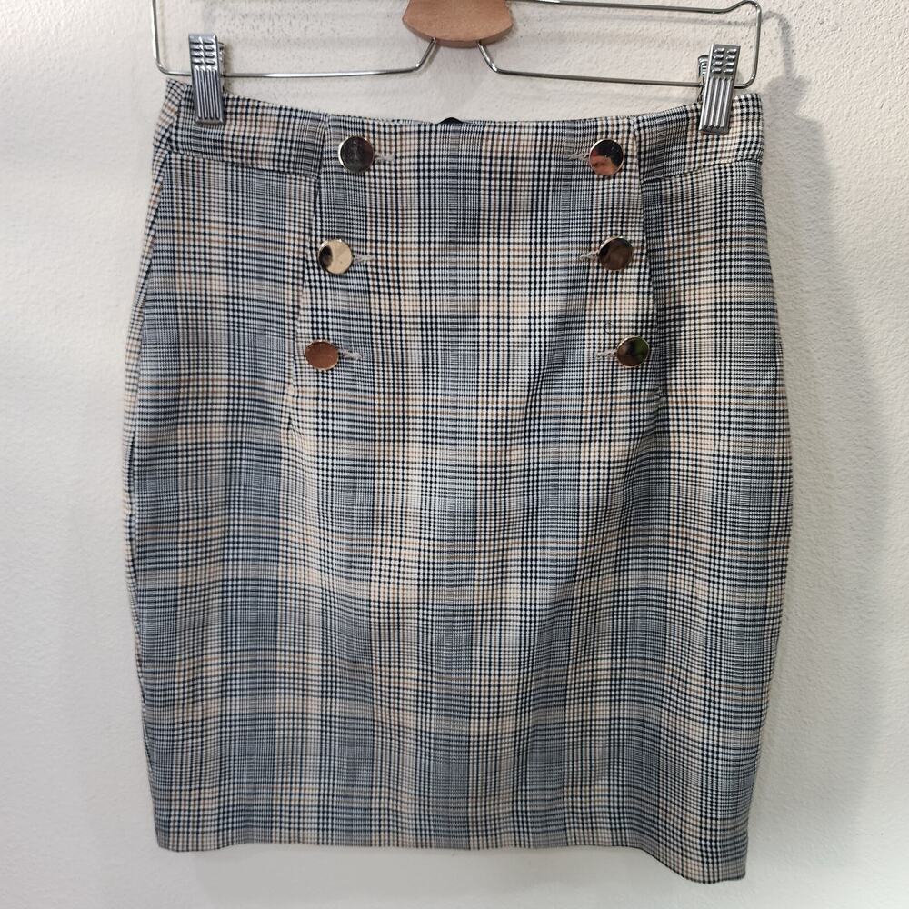 H&M Womens Plaid Pencil Skirt Tan Black Size 4 Gold Buttons Zip Up